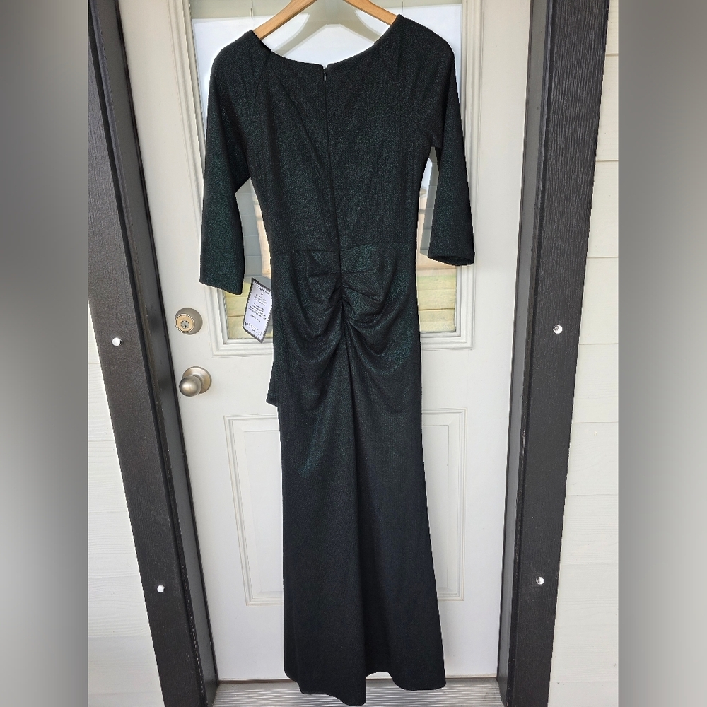 $249 XSCAPE Metallic-Threaded Gathered-Waist Dress Sz 8 Dark Green NWT - Picture 11 of 13